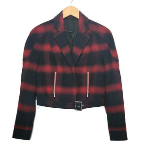 Bebe Plaid Buffalo Check Print Moto Jacket Red Navy Blue Short Crop Size 6
